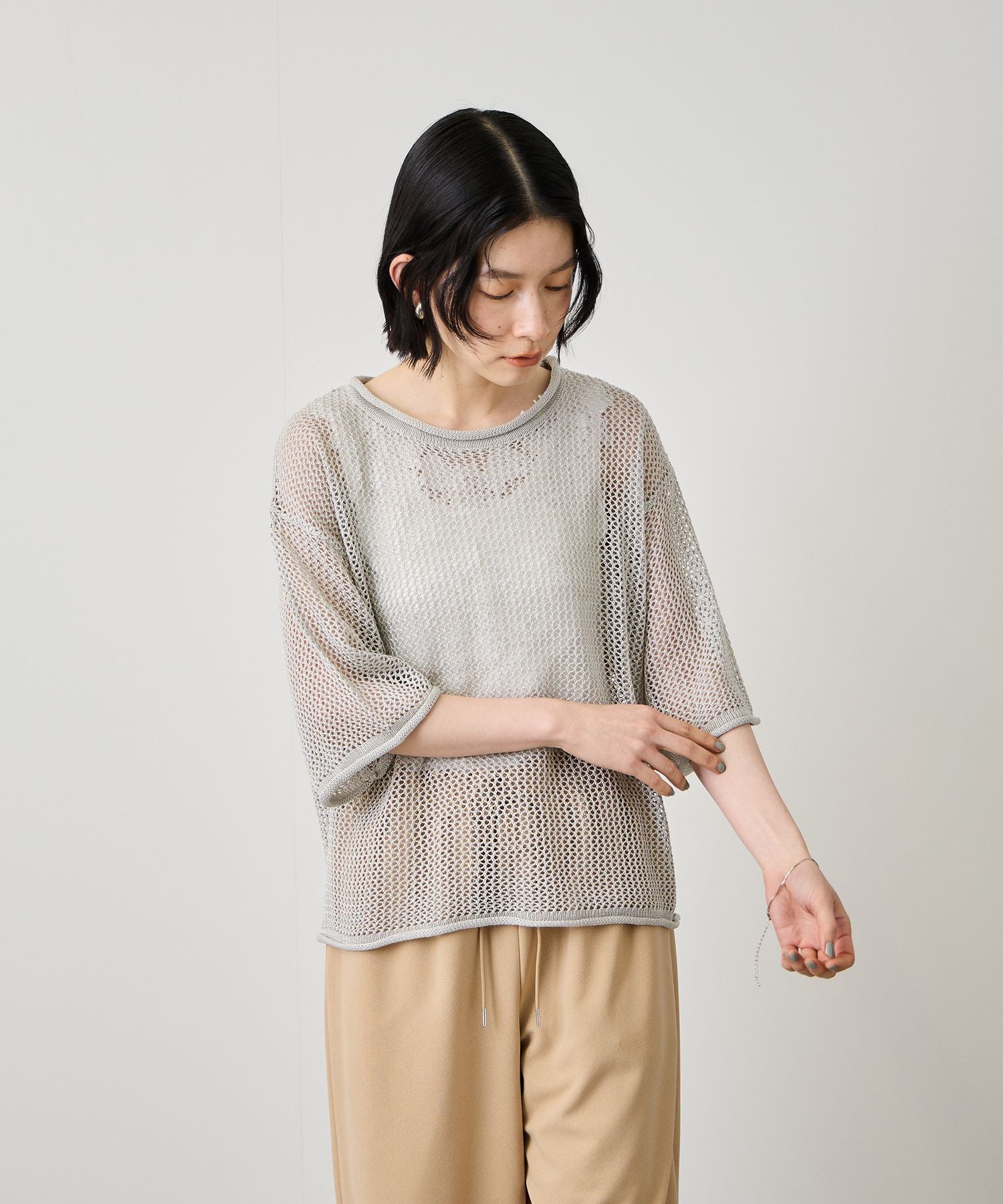 Idnes ラメメッシュ クロップド 半袖ニット レディース