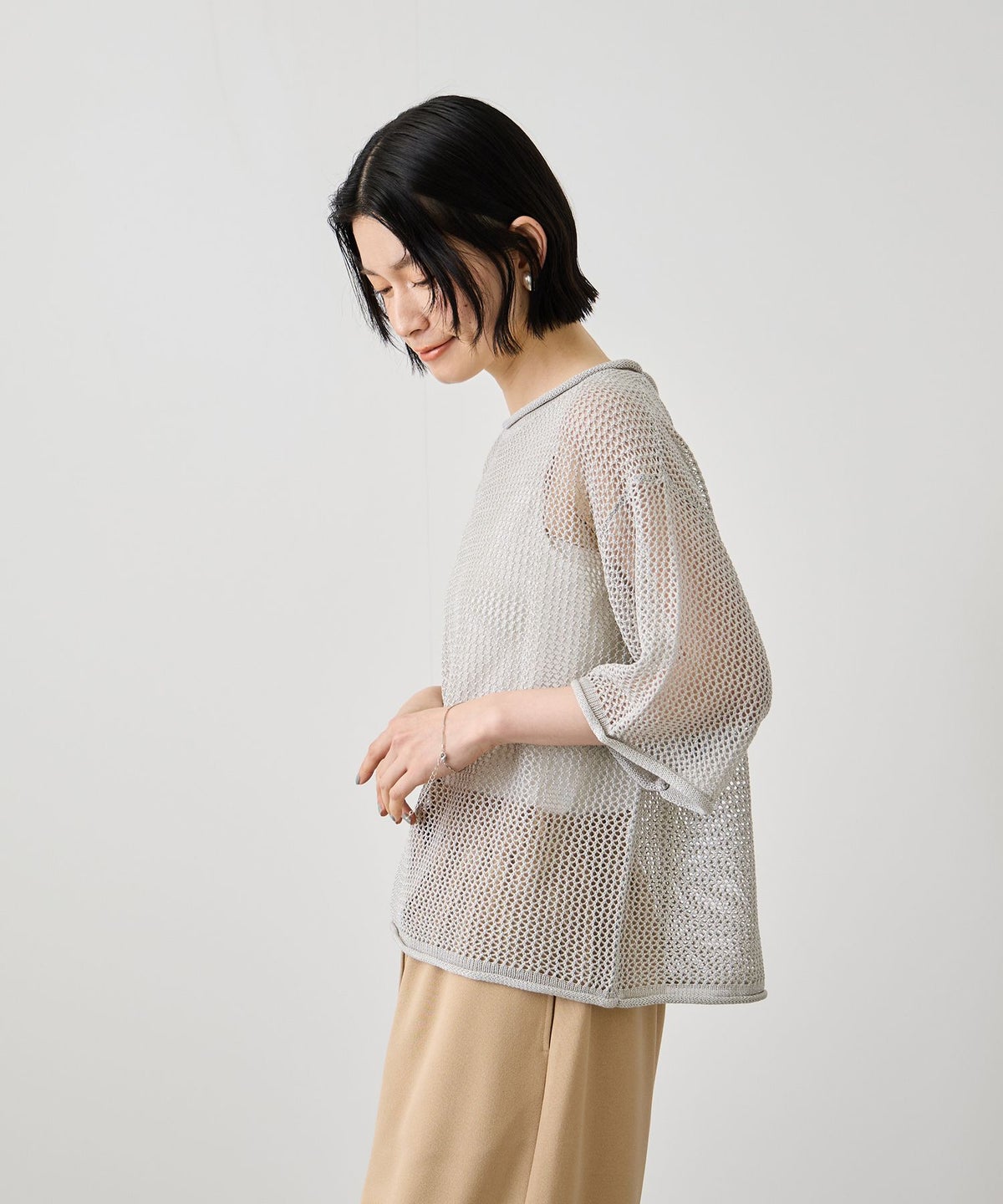 Idnes ラメメッシュ クロップド 半袖ニット レディース