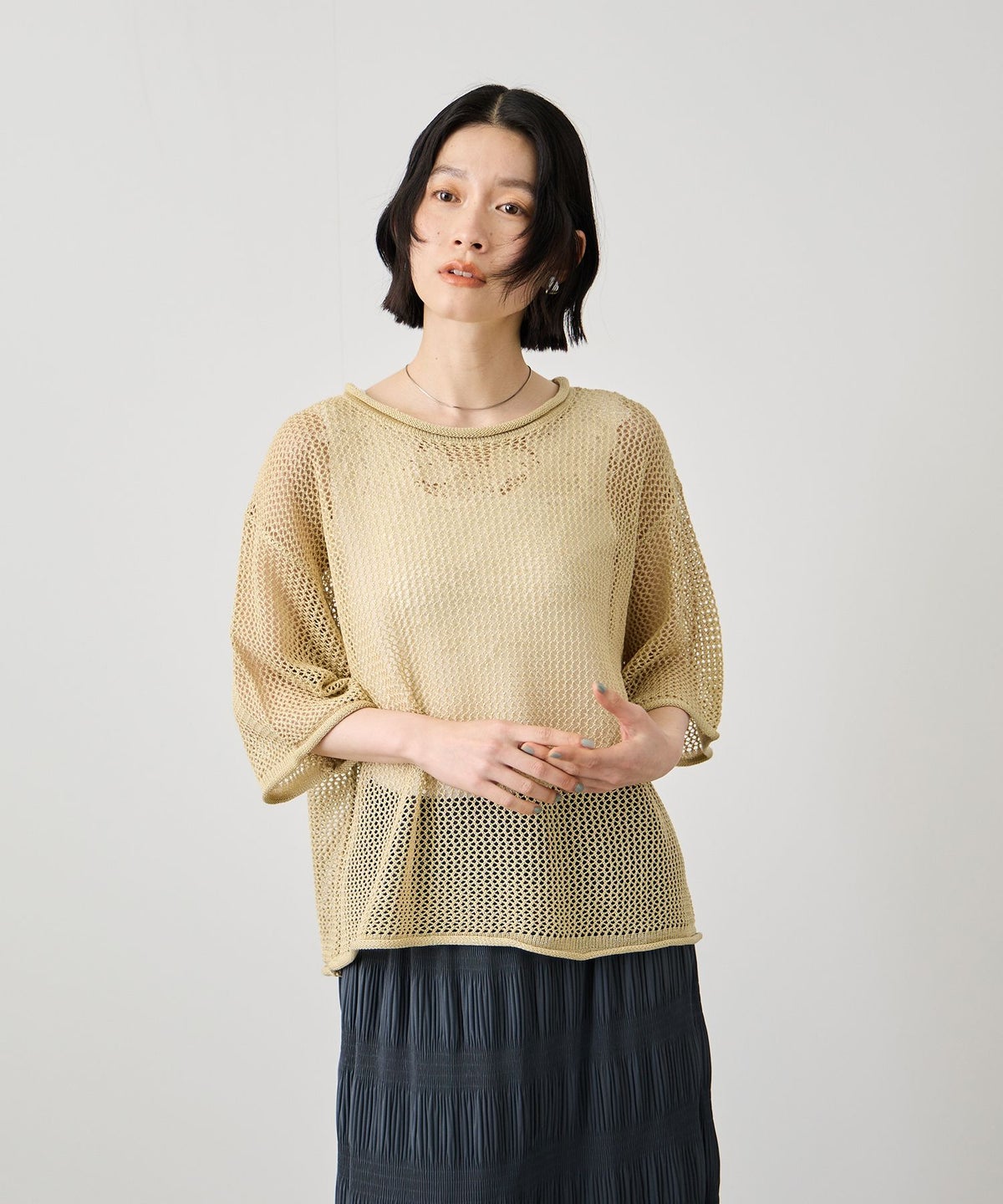 Idnes ラメメッシュ クロップド 半袖ニット レディース