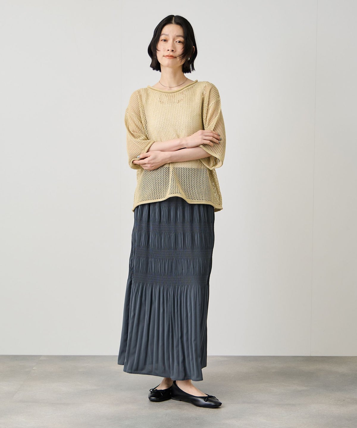 Idnes ラメメッシュ クロップド 半袖ニット レディース