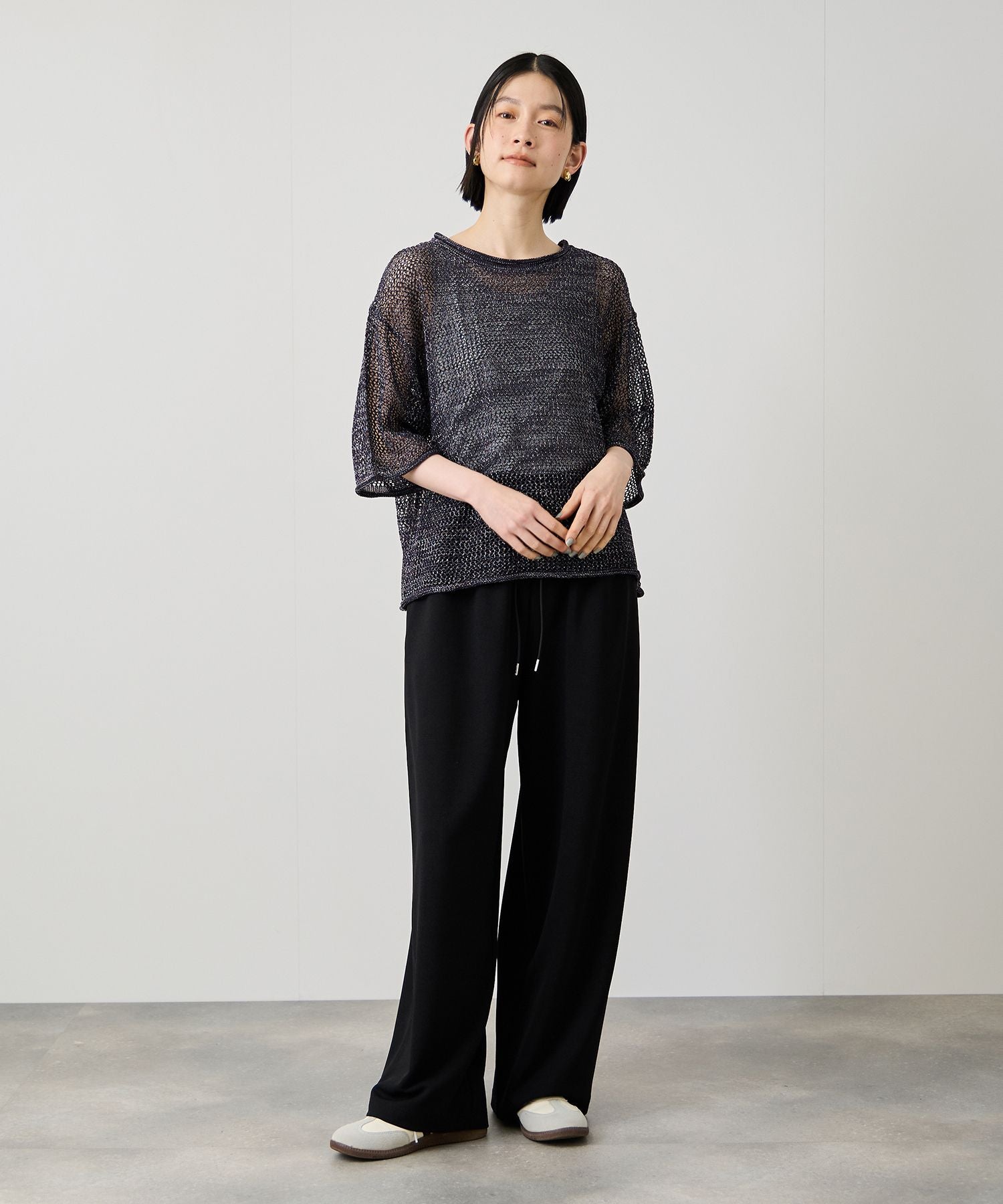 Idnes ラメメッシュ クロップド 半袖ニット レディース
