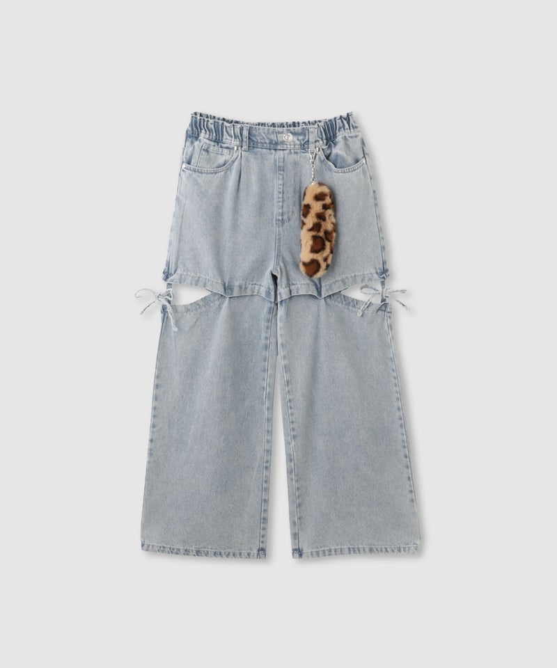 RICH MIX サイドスリットリボン ワイドデニムパンツ ふわふわファーチャーム付き キッズ商品画像-1