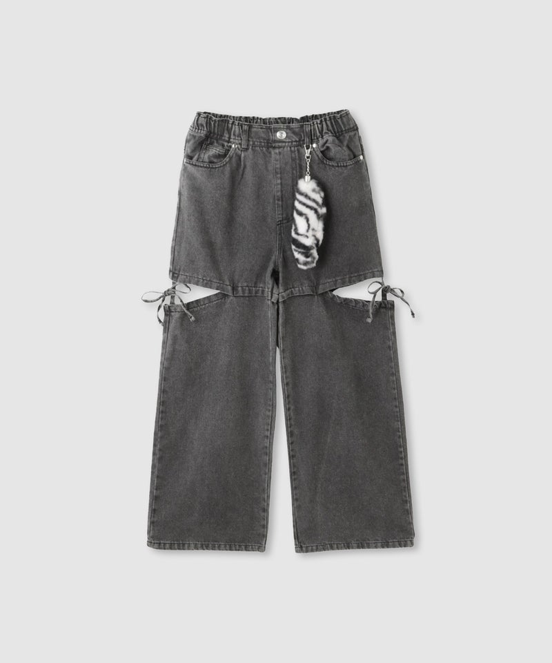 RICH MIX サイドスリットリボン ワイドデニムパンツ ふわふわファーチャーム付き キッズ商品画像-2