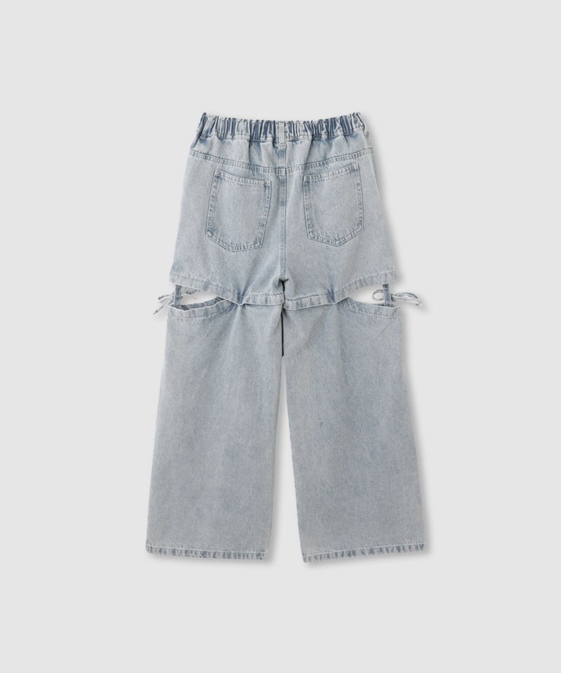 RICH MIX サイドスリットリボン ワイドデニムパンツ ふわふわファーチャーム付き キッズ商品画像-3
