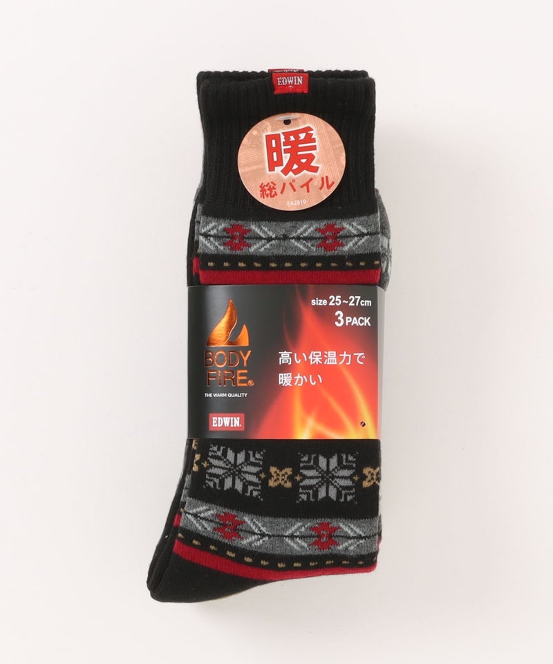 EDWIN BODY FIRE クルー丈ソックス 雪柄 3足組 メンズ商品画像-1