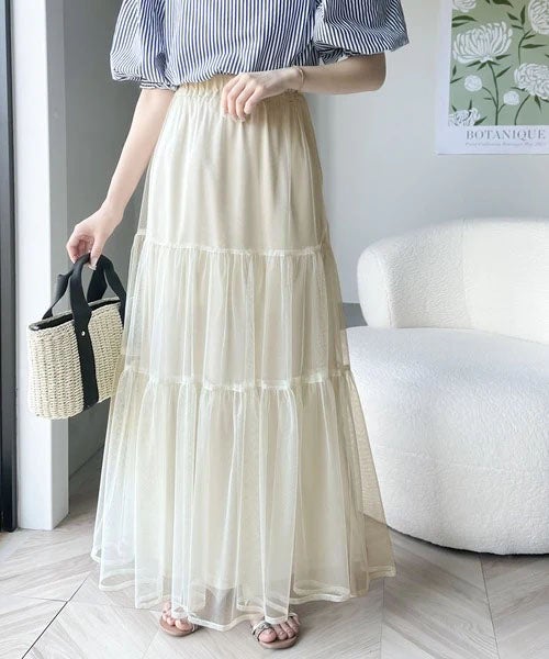 Classical Elf ふわっと愛らしく。チュールティアードロングスカート商品画像-9