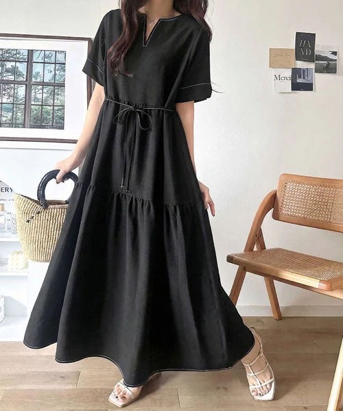 Classical Elf 【接触冷感・吸水速乾・UVカット・防シワ機能付き】愛らしさも上品さもわたしのもの。キーネックリボンティアードワンピース商品画像-2