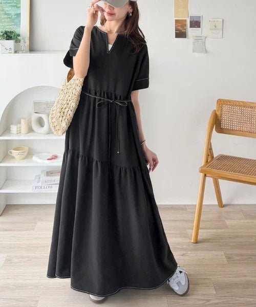 近年美品✨ハウスオブロータス　ティアードワンピース　マキシ丈　M　ブラック