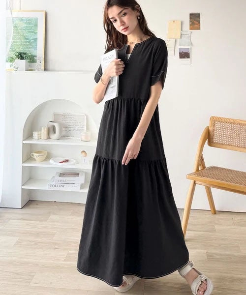 Classical Elf 【接触冷感・吸水速乾・UVカット・防シワ機能付き】愛らしさも上品さもわたしのもの。キーネックリボンティアードワンピース商品画像-6