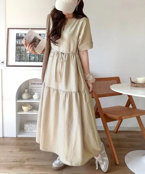 Classical Elf 【接触冷感・吸水速乾・UVカット・防シワ機能付き】愛らしさも上品さもわたしのもの。キーネックリボンティアードワンピース商品画像-10