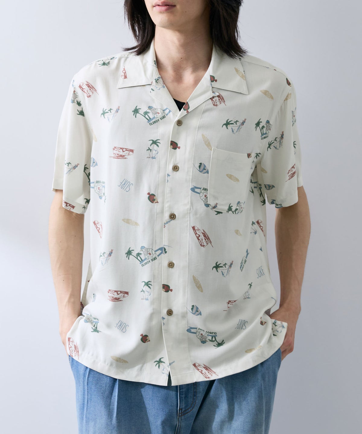 NAVY SARARI レーヨンアロハプリントシャツ メンズ
