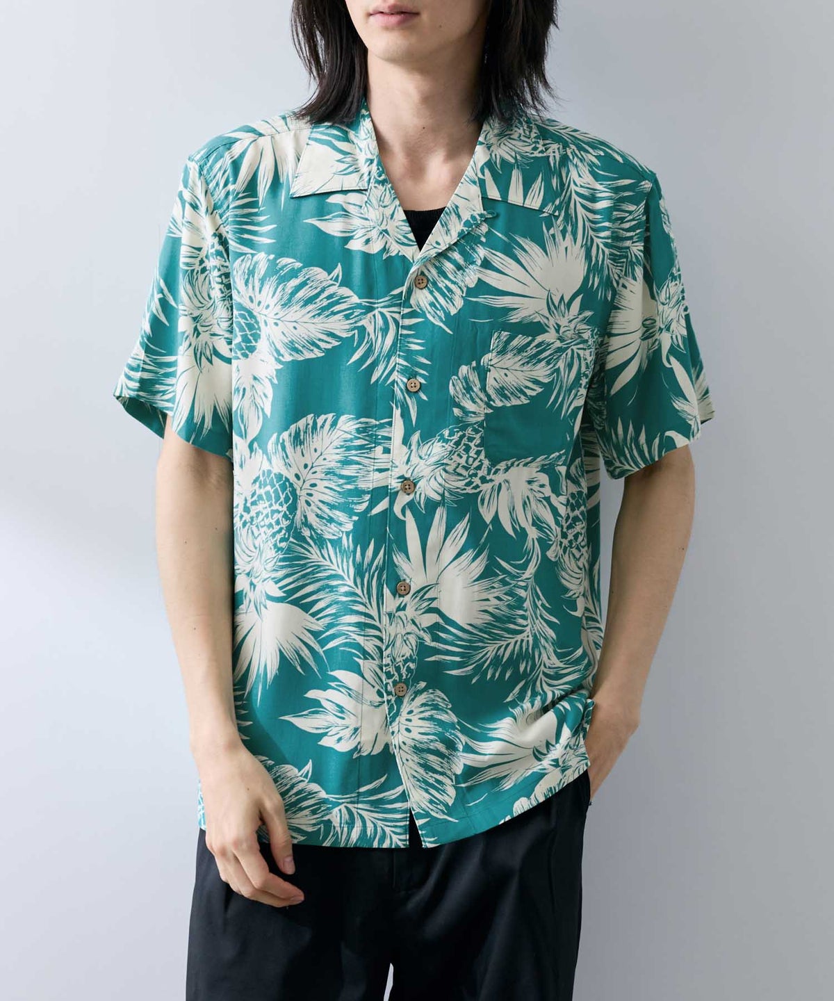 NAVY SARARI レーヨンアロハプリントシャツ メンズ