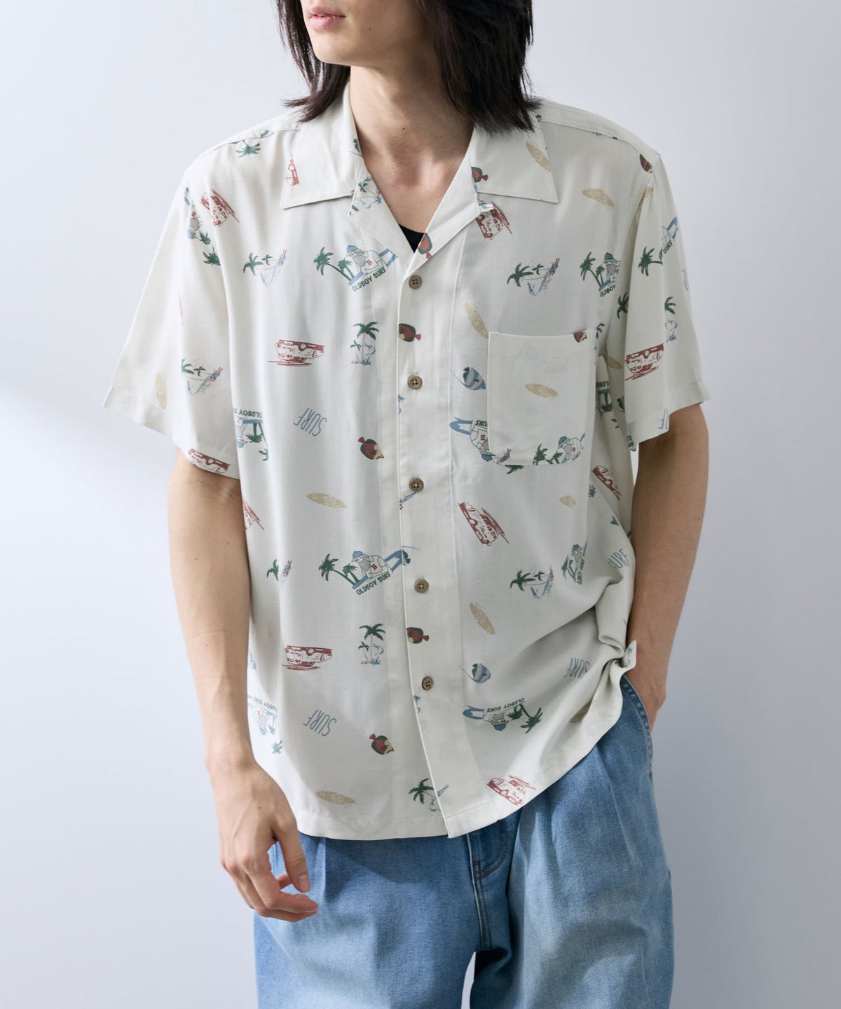 NAVY SARARI レーヨンアロハプリントシャツ メンズ