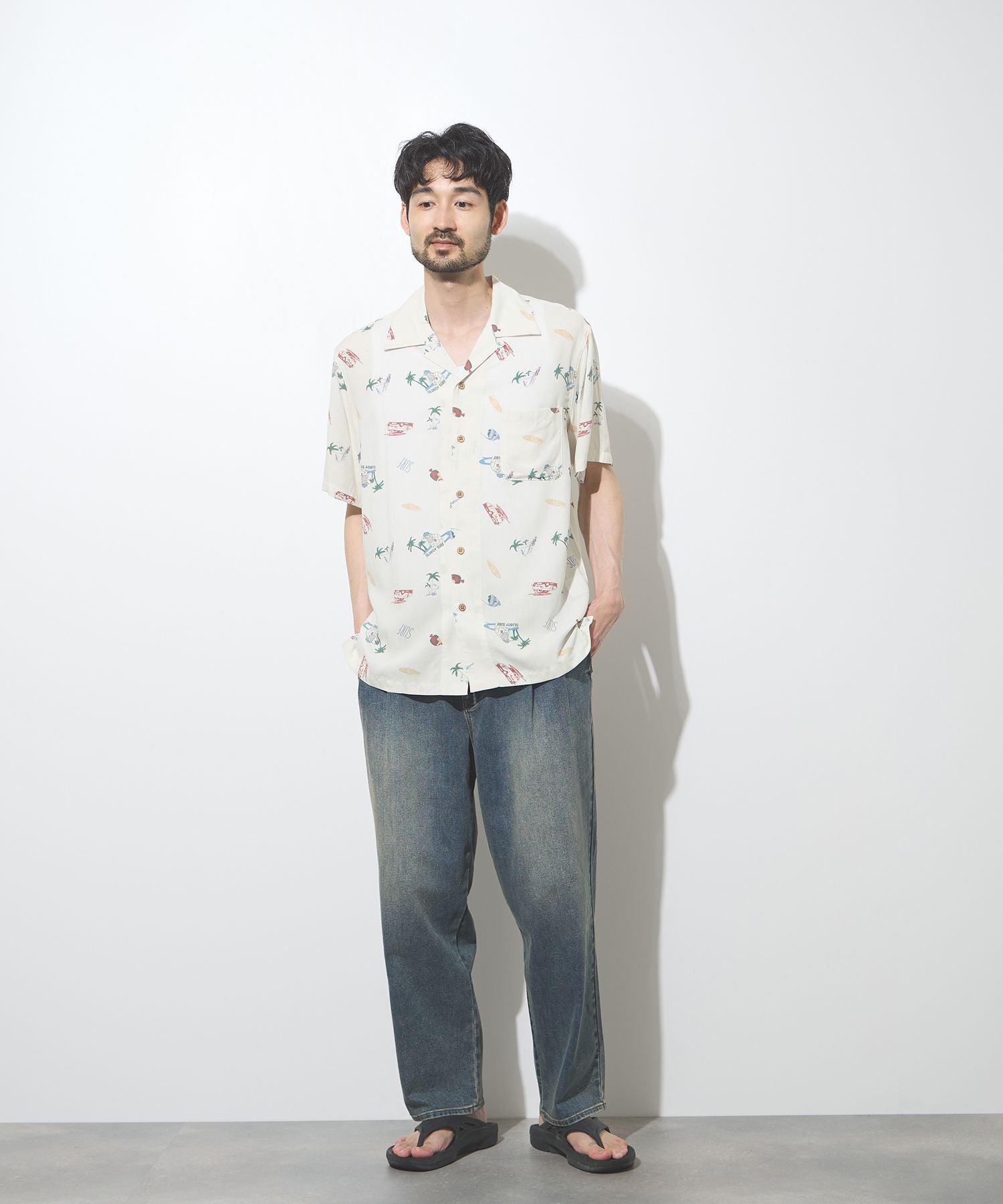 NAVY SARARI レーヨンアロハプリントシャツ メンズ