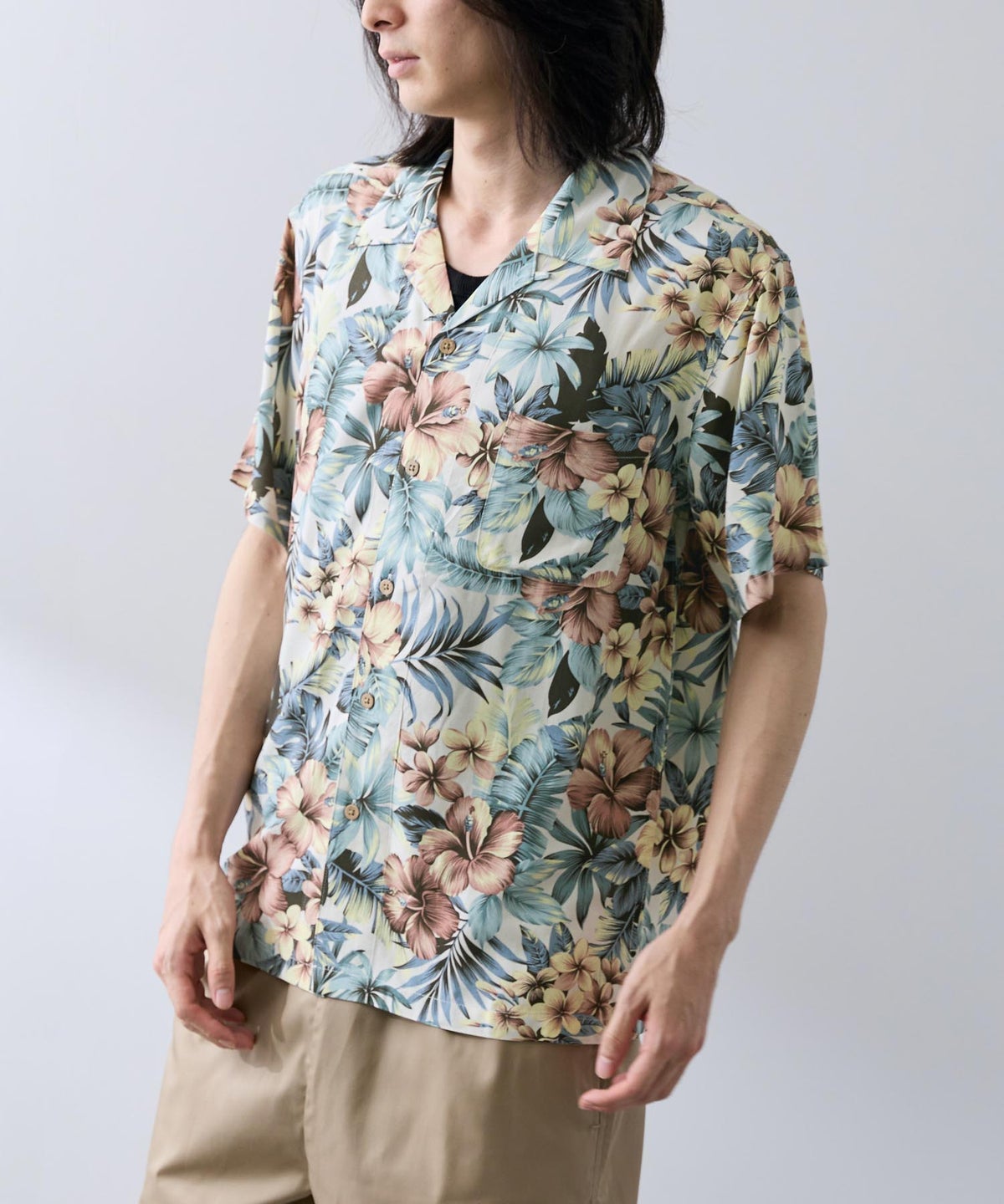 NAVY SARARI レーヨンアロハプリントシャツ メンズ