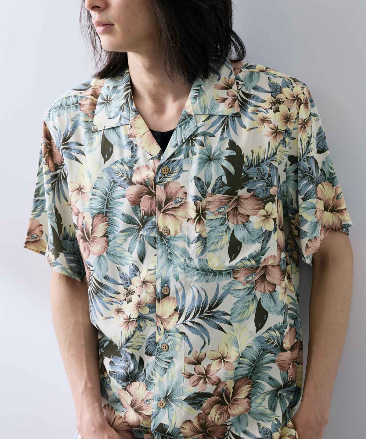 NAVY SARARI レーヨンアロハプリントシャツ メンズ