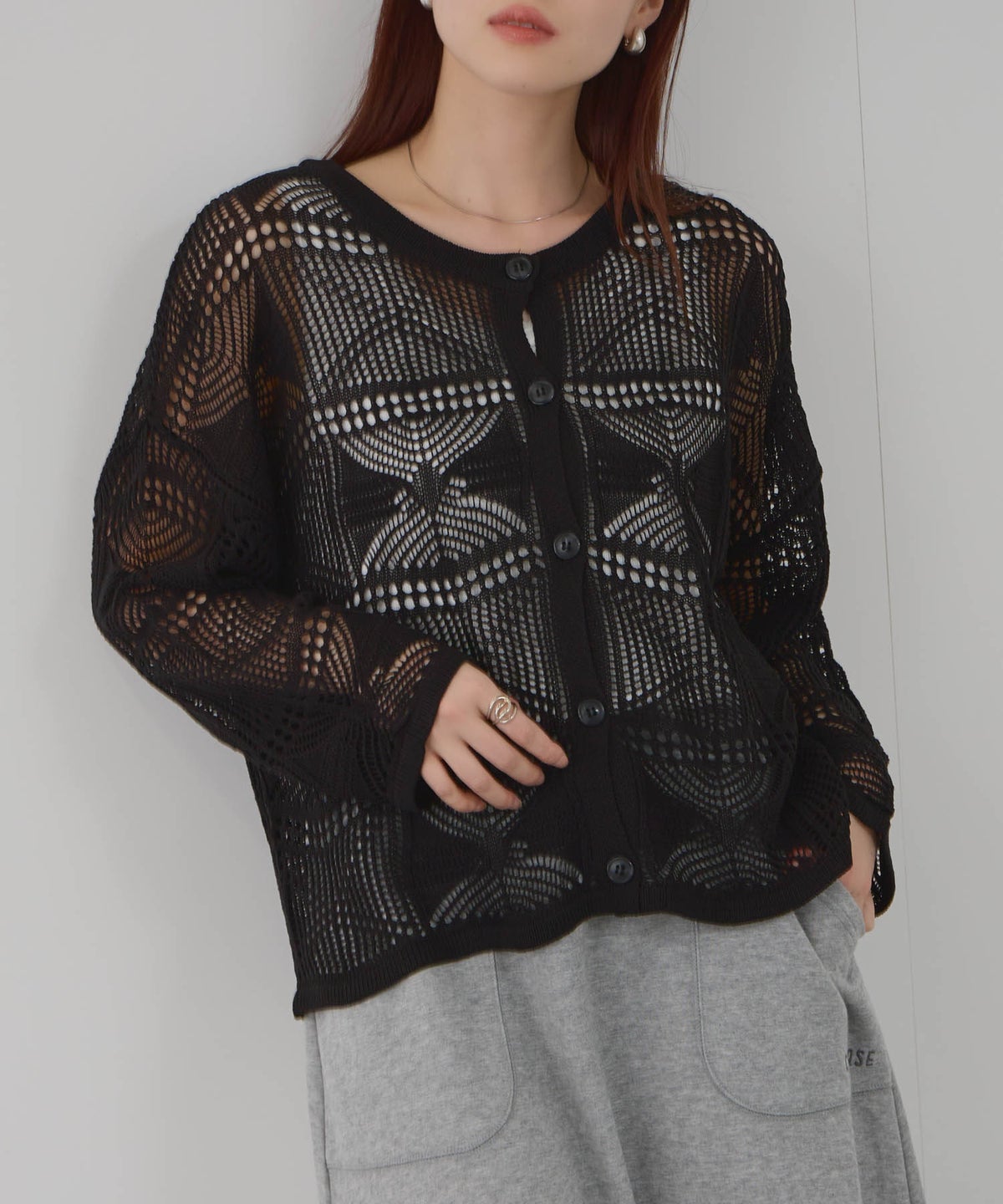 Free Nature クロシェ調 透かし編み ショートカーディガン レディース