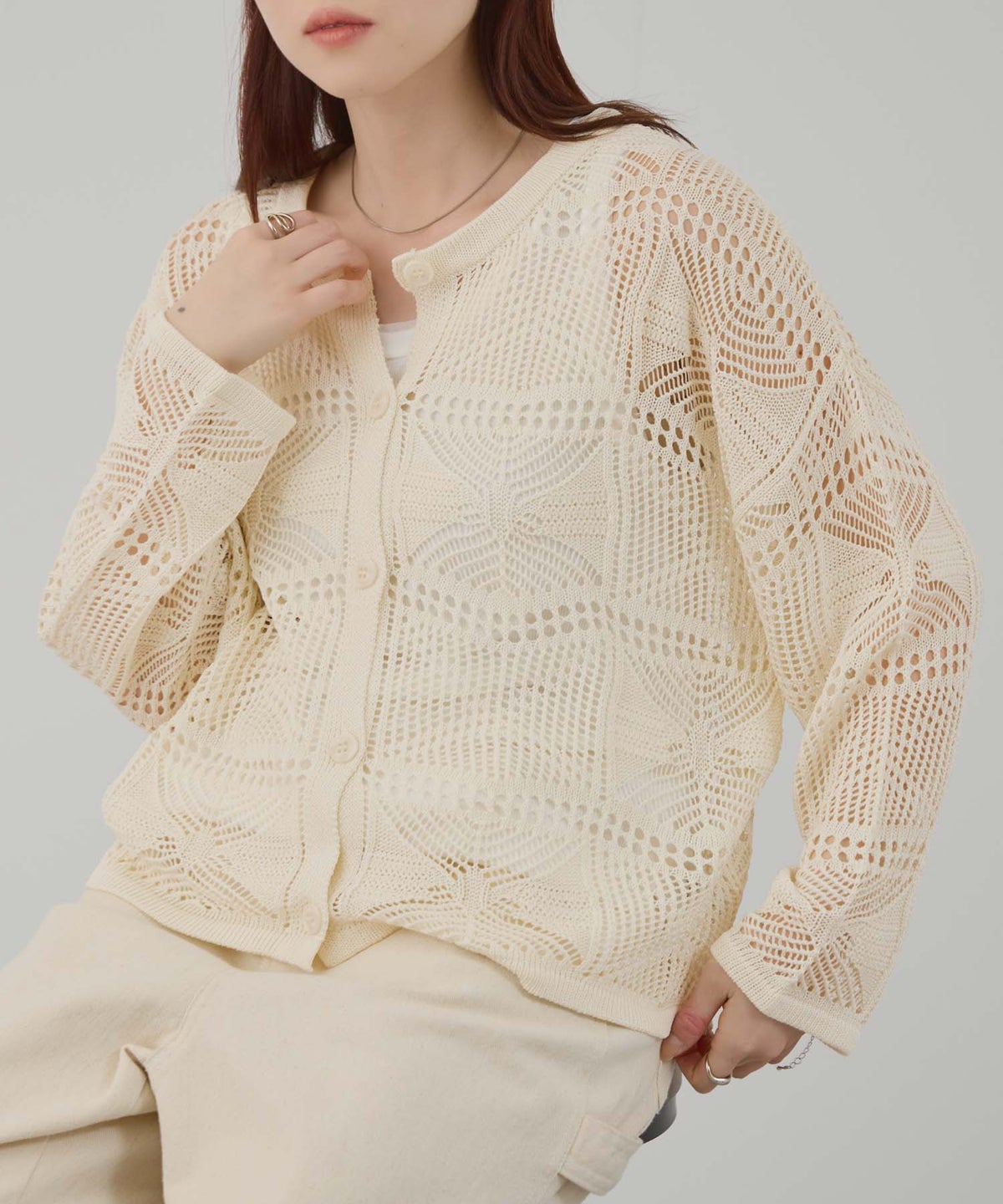 Free Nature クロシェ調 透かし編み ショートカーディガン レディース