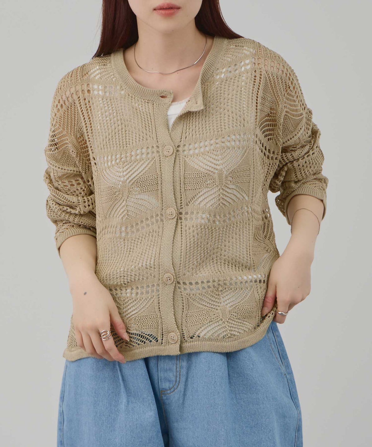Free Nature クロシェ調 透かし編み ショートカーディガン レディース