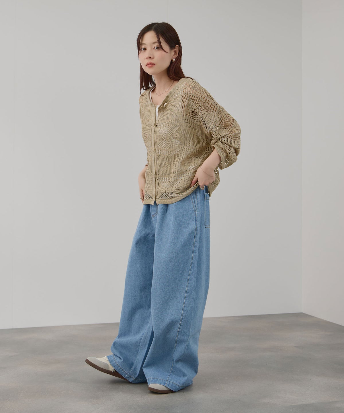 Free Nature クロシェ調 透かし編み ショートカーディガン レディース