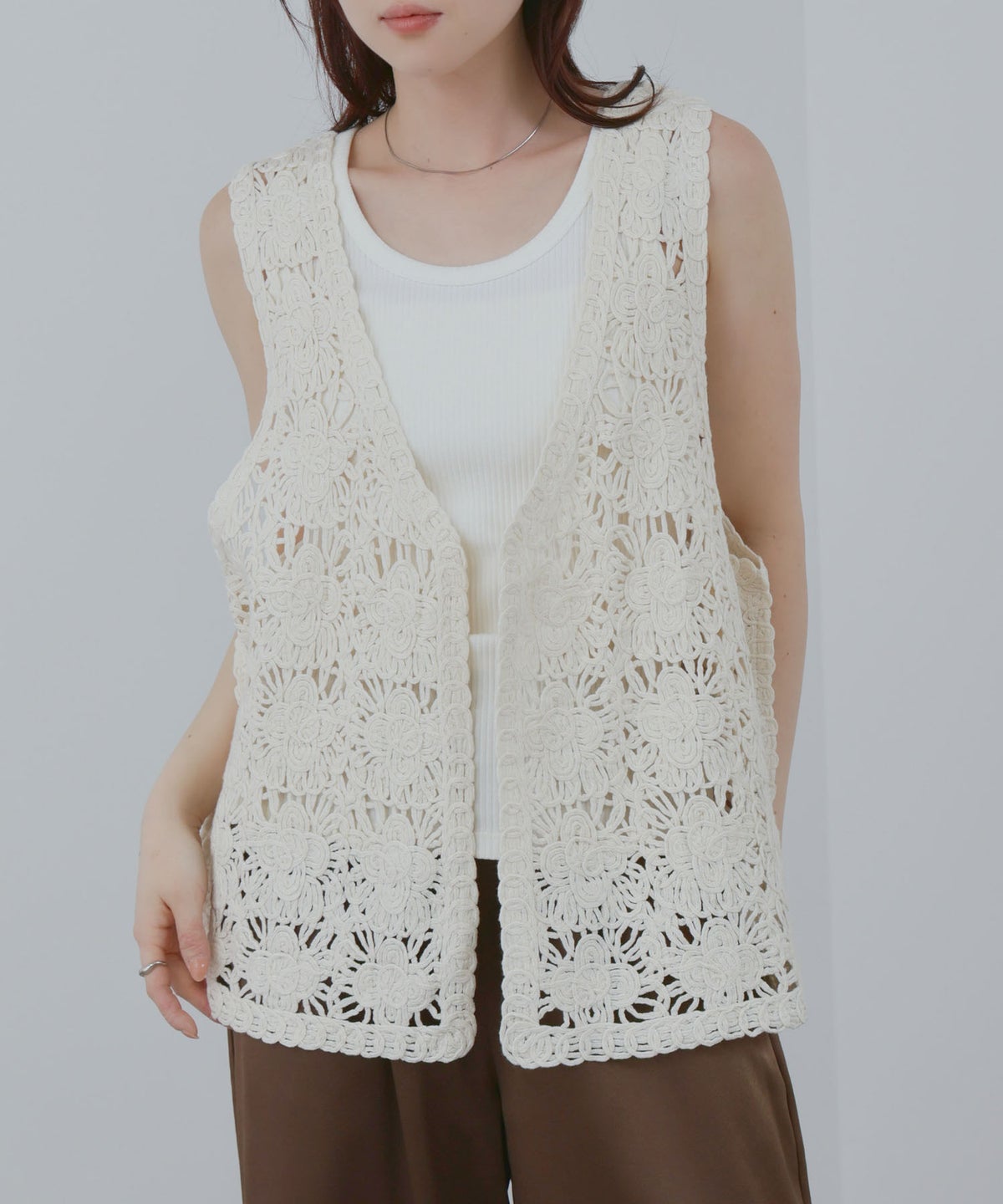 Free Nature フラワーモチーフ クロシェ ベスト レディース