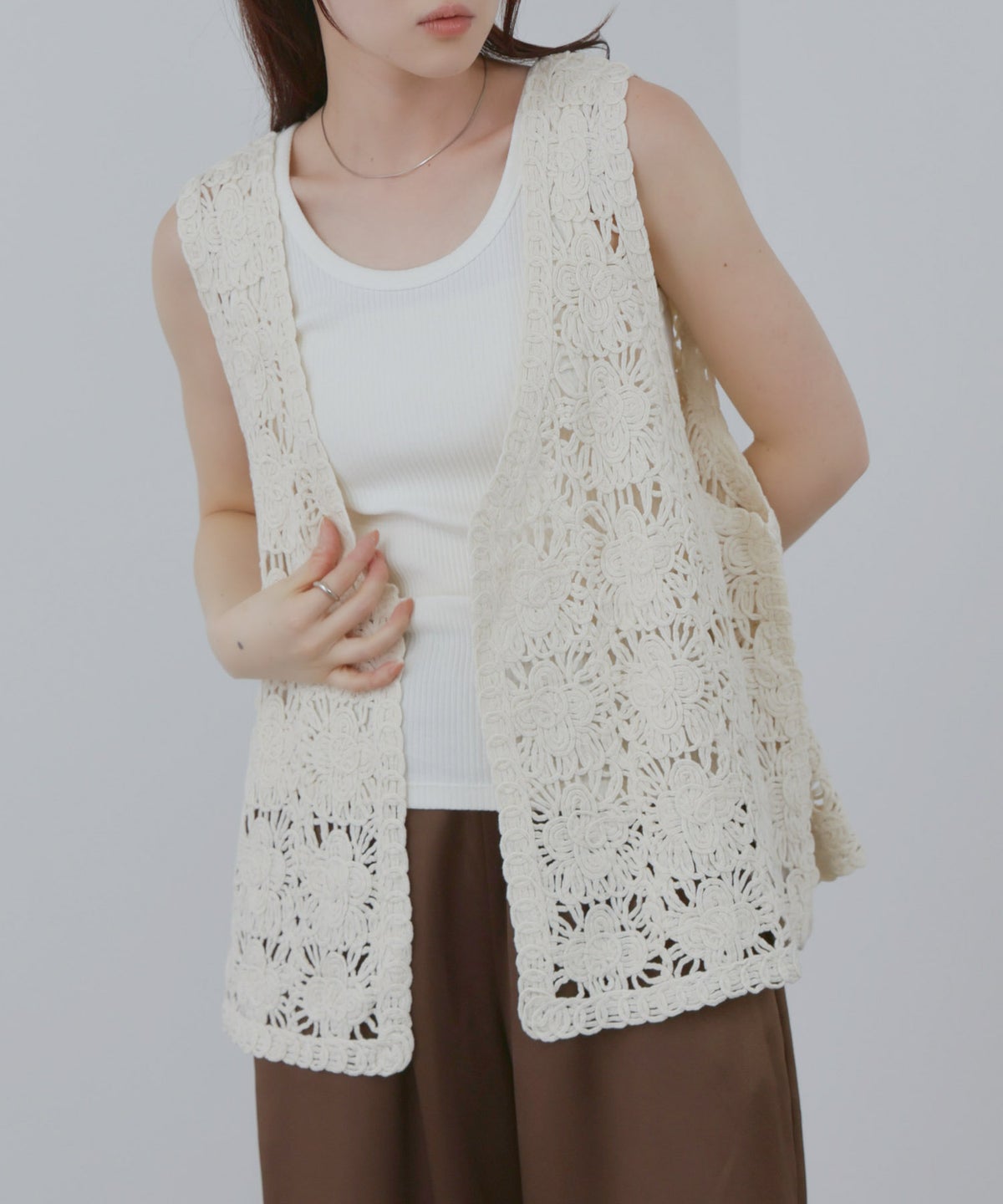 Free Nature フラワーモチーフ クロシェ ベスト レディース