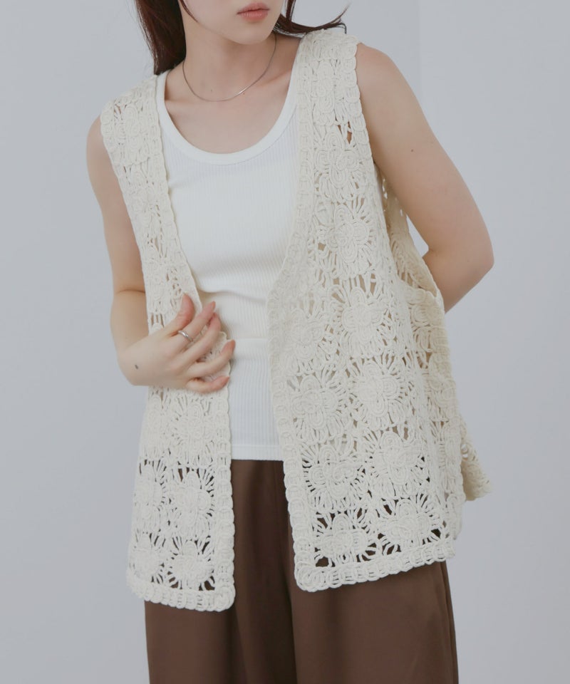 Free Nature  フラワーモチーフ クロシェ ベスト レディース商品画像-4