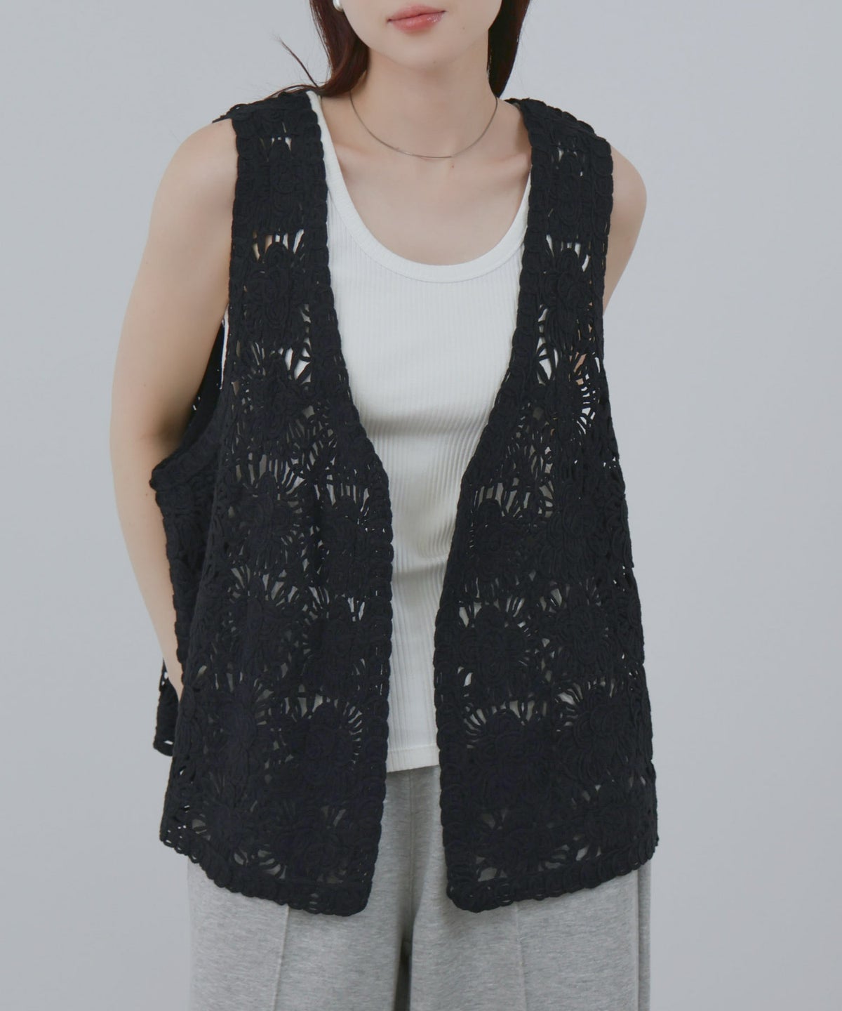 Free Nature フラワーモチーフ クロシェ ベスト レディース