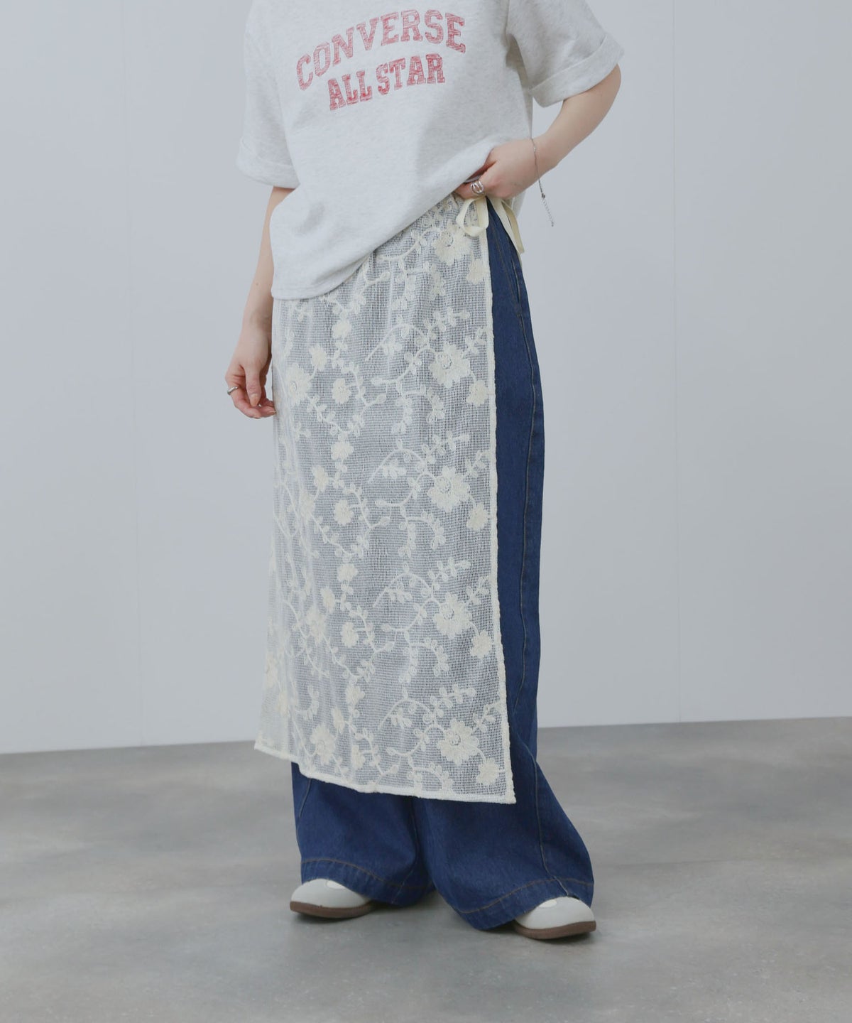 Free Nature コットン刺繍メッシュレースラップマキシスカート レディース