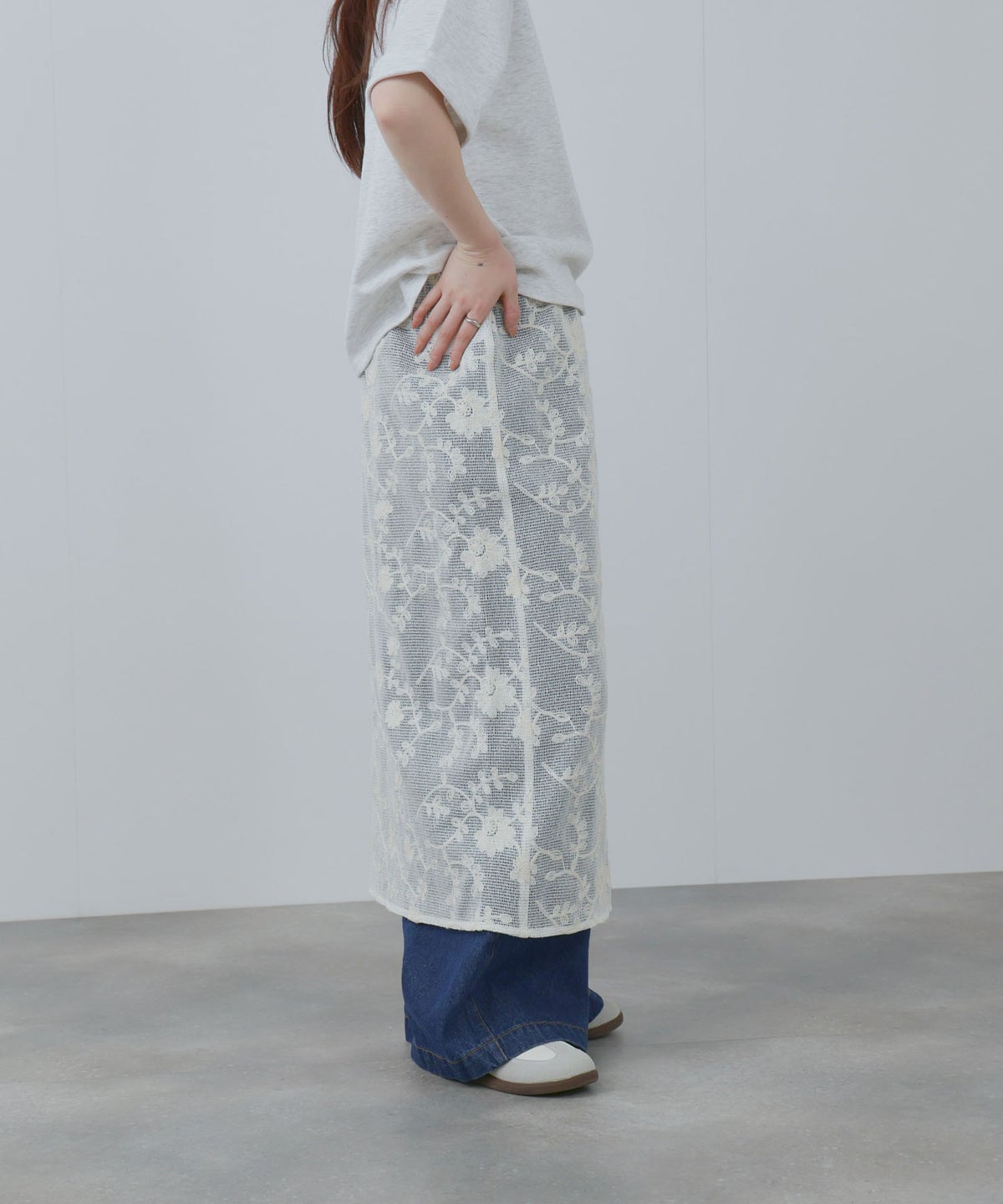 Free Nature コットン刺繍メッシュレースラップマキシスカート レディース