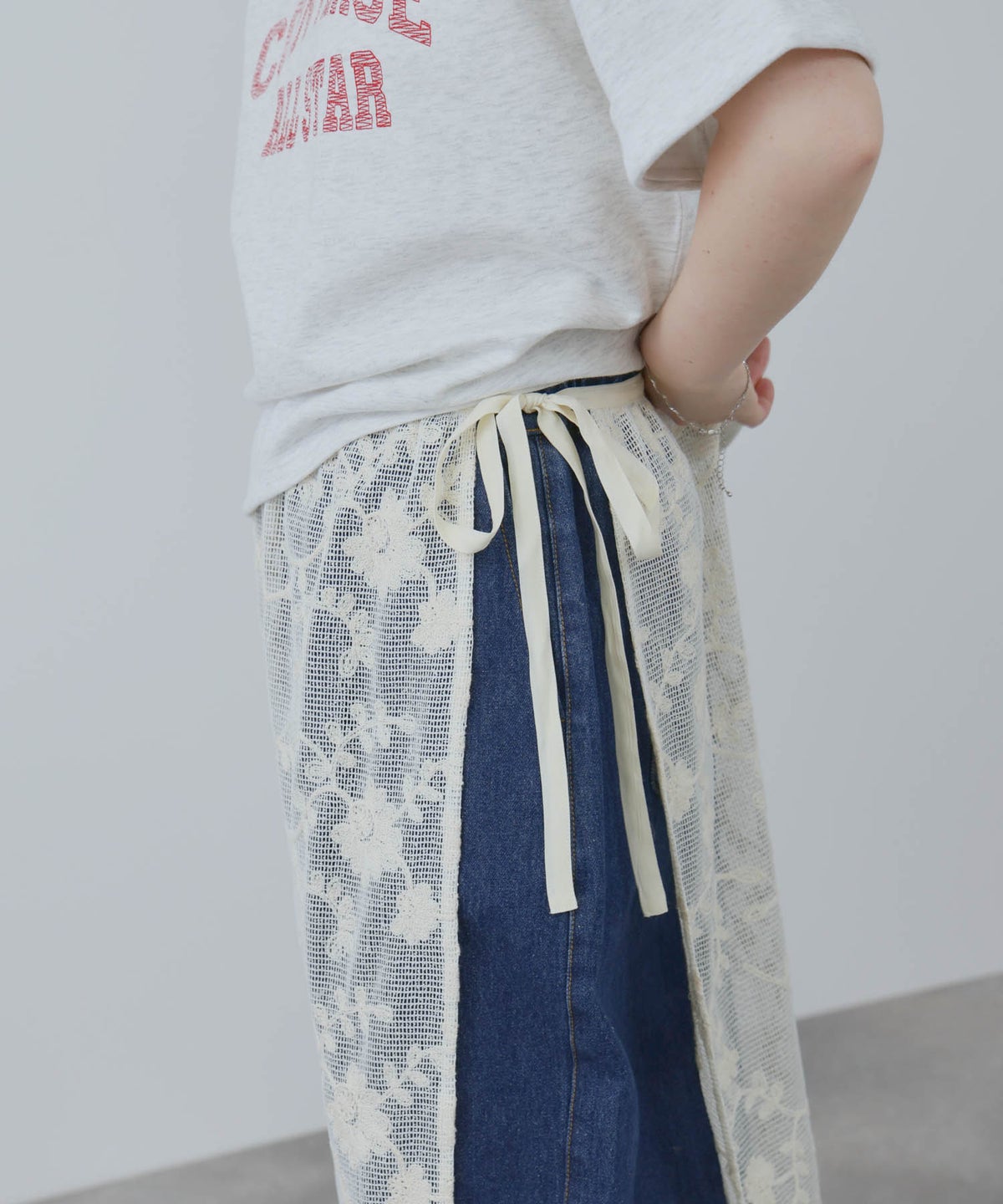 Free Nature コットン刺繍メッシュレースラップマキシスカート レディース