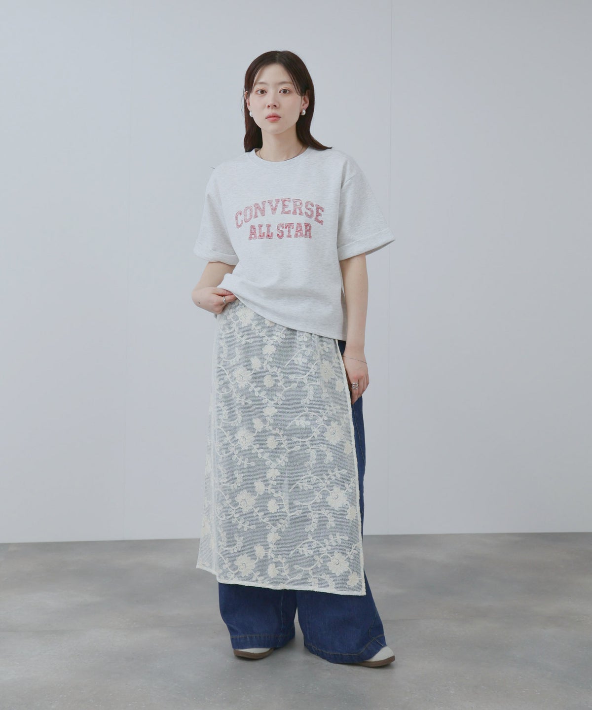 Free Nature コットン刺繍メッシュレースラップマキシスカート レディース