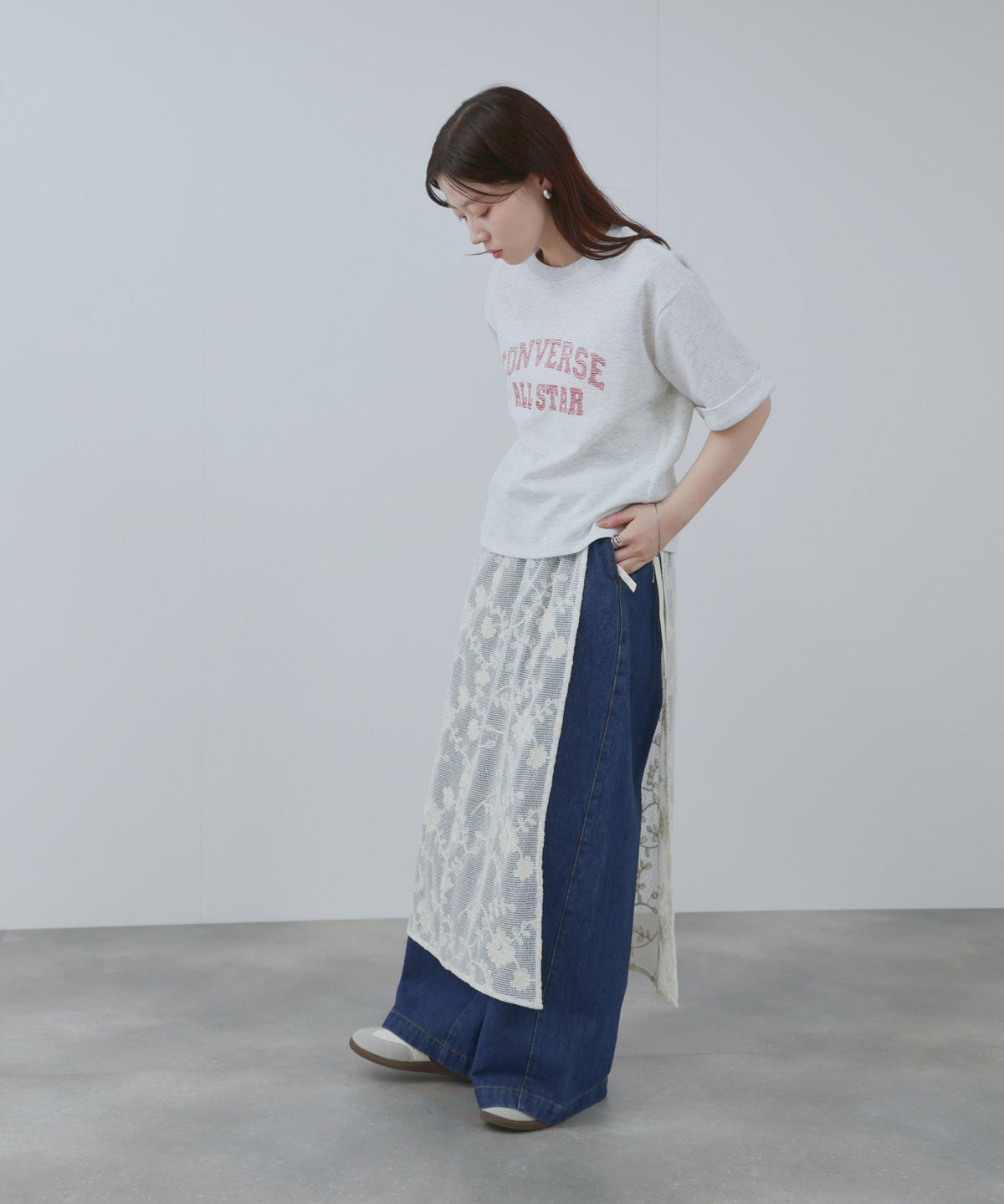 Free Nature コットン刺繍メッシュレースラップマキシスカート レディース