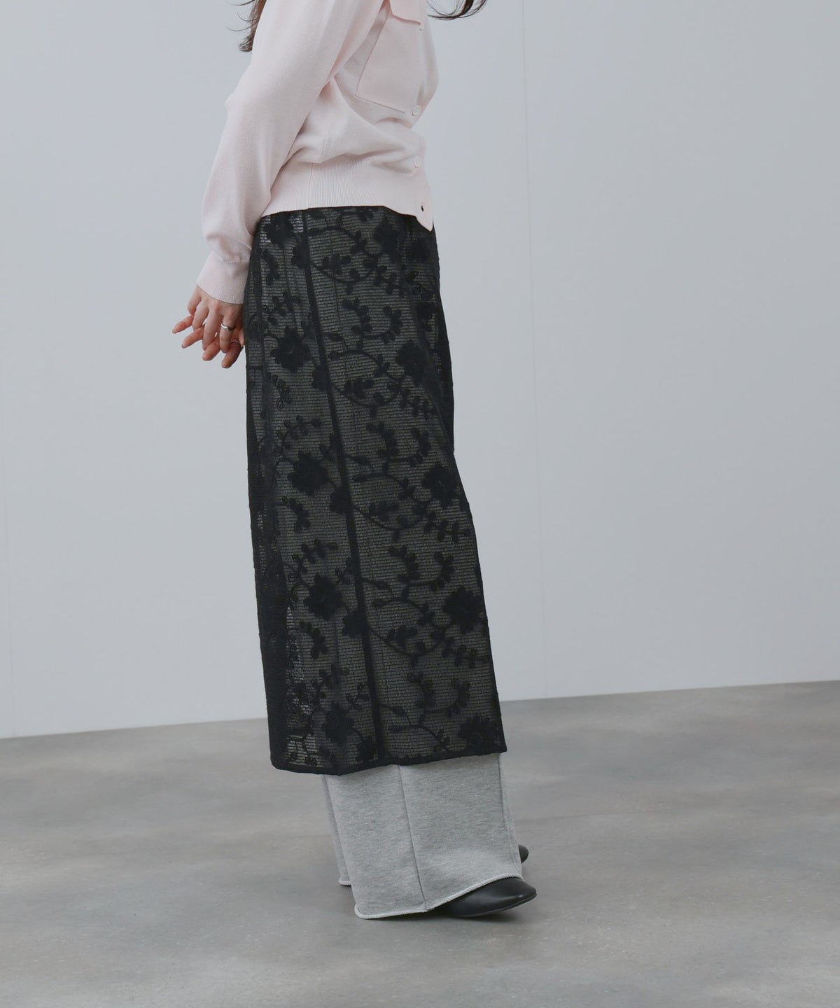 Free Nature コットン刺繍メッシュレースラップマキシスカート レディース