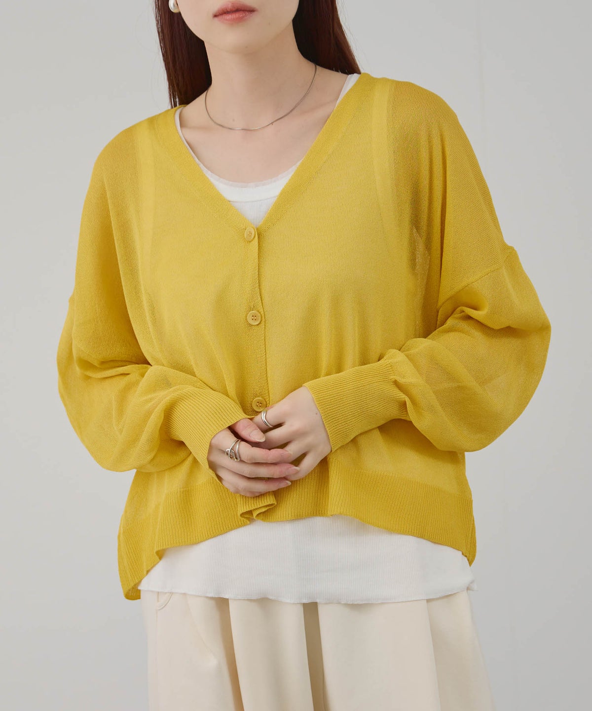 Free Nature 光沢シアーVネックショートカーディガン レディース