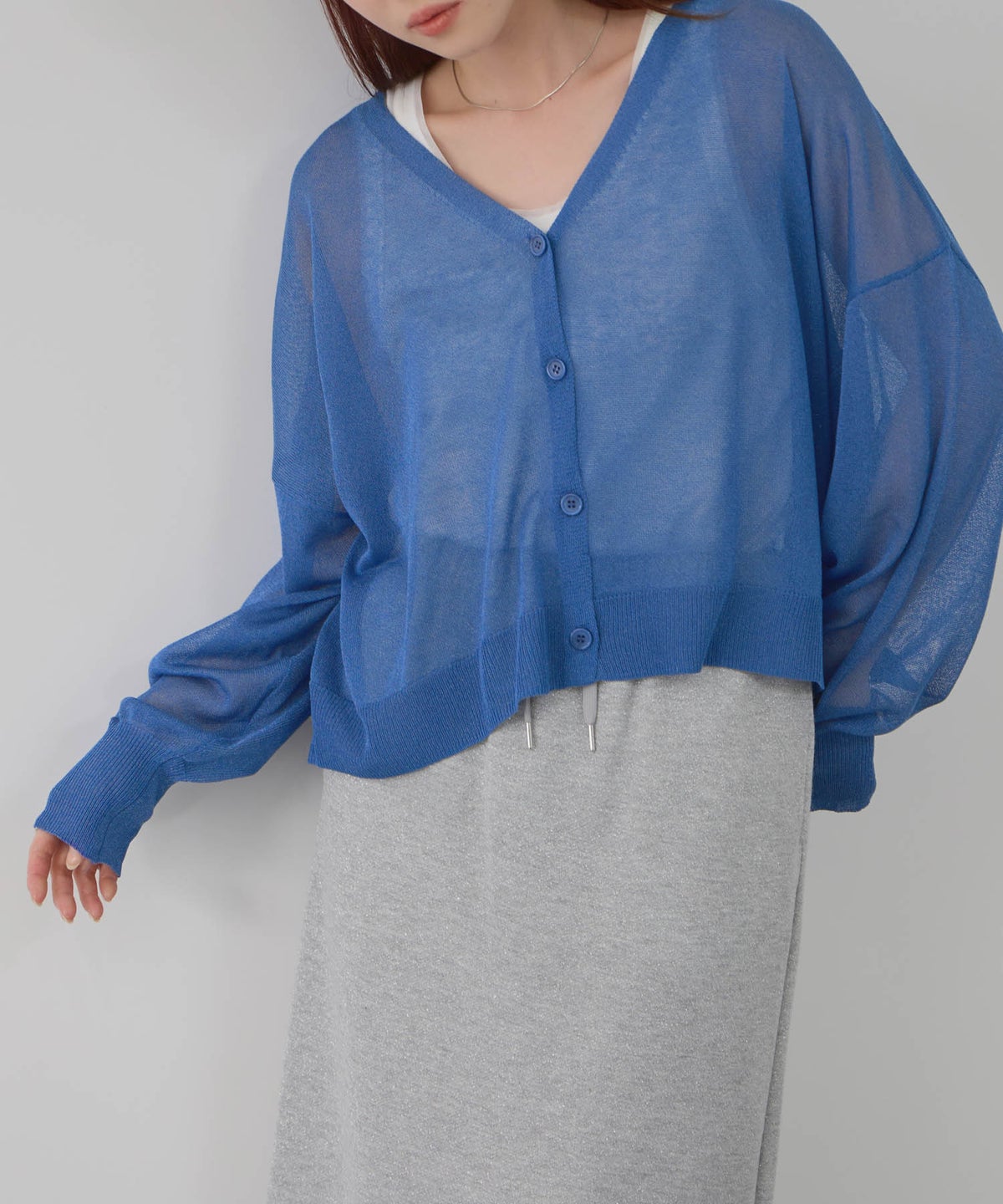 Free Nature 光沢シアーVネックショートカーディガン レディース