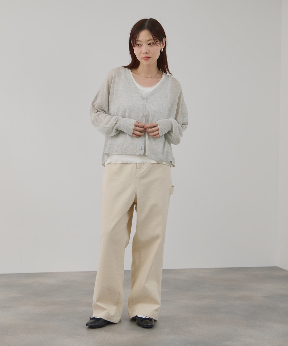 Free Nature 光沢シアーVネックショートカーディガン レディース