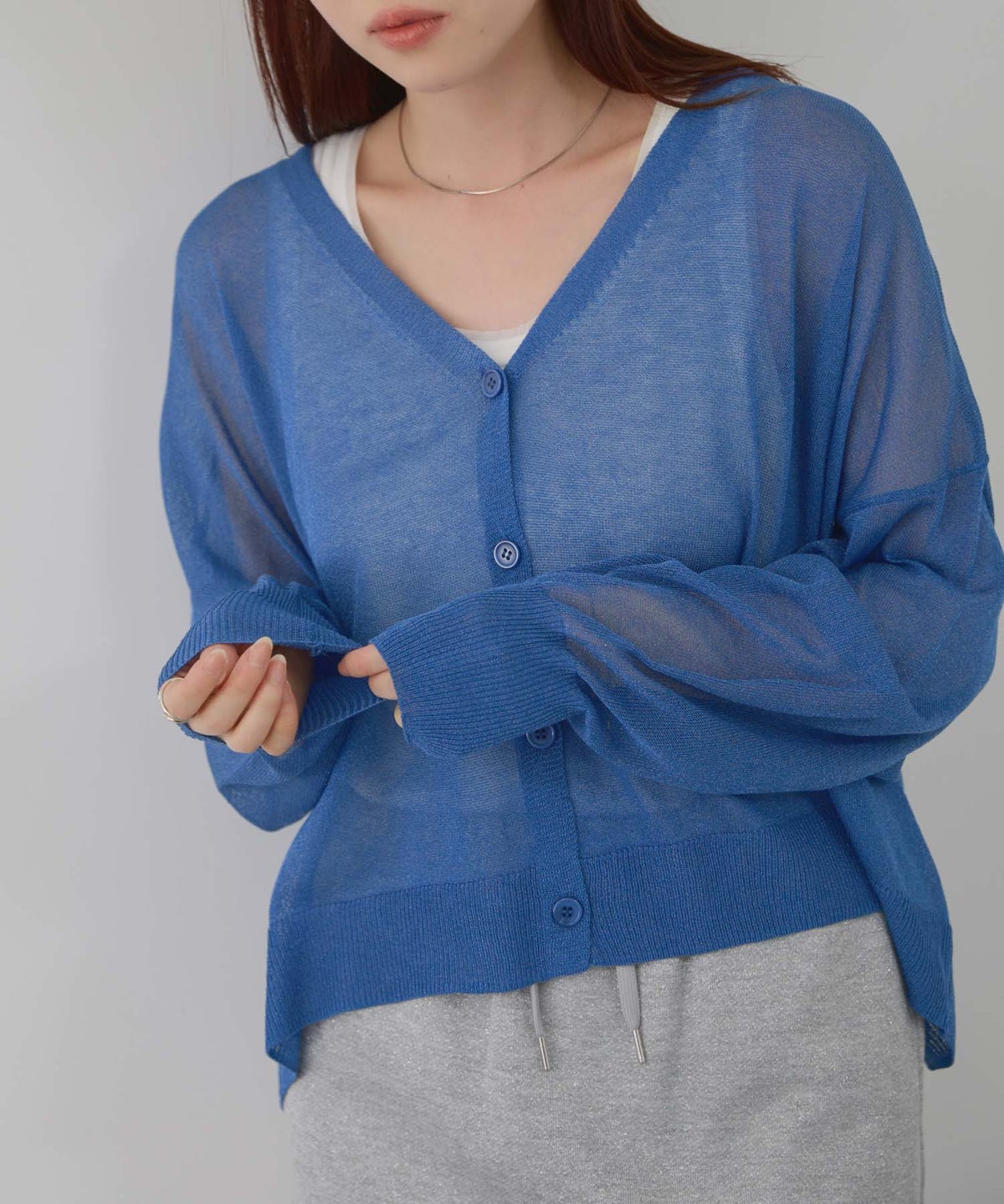 Free Nature 光沢シアーVネックショートカーディガン レディース