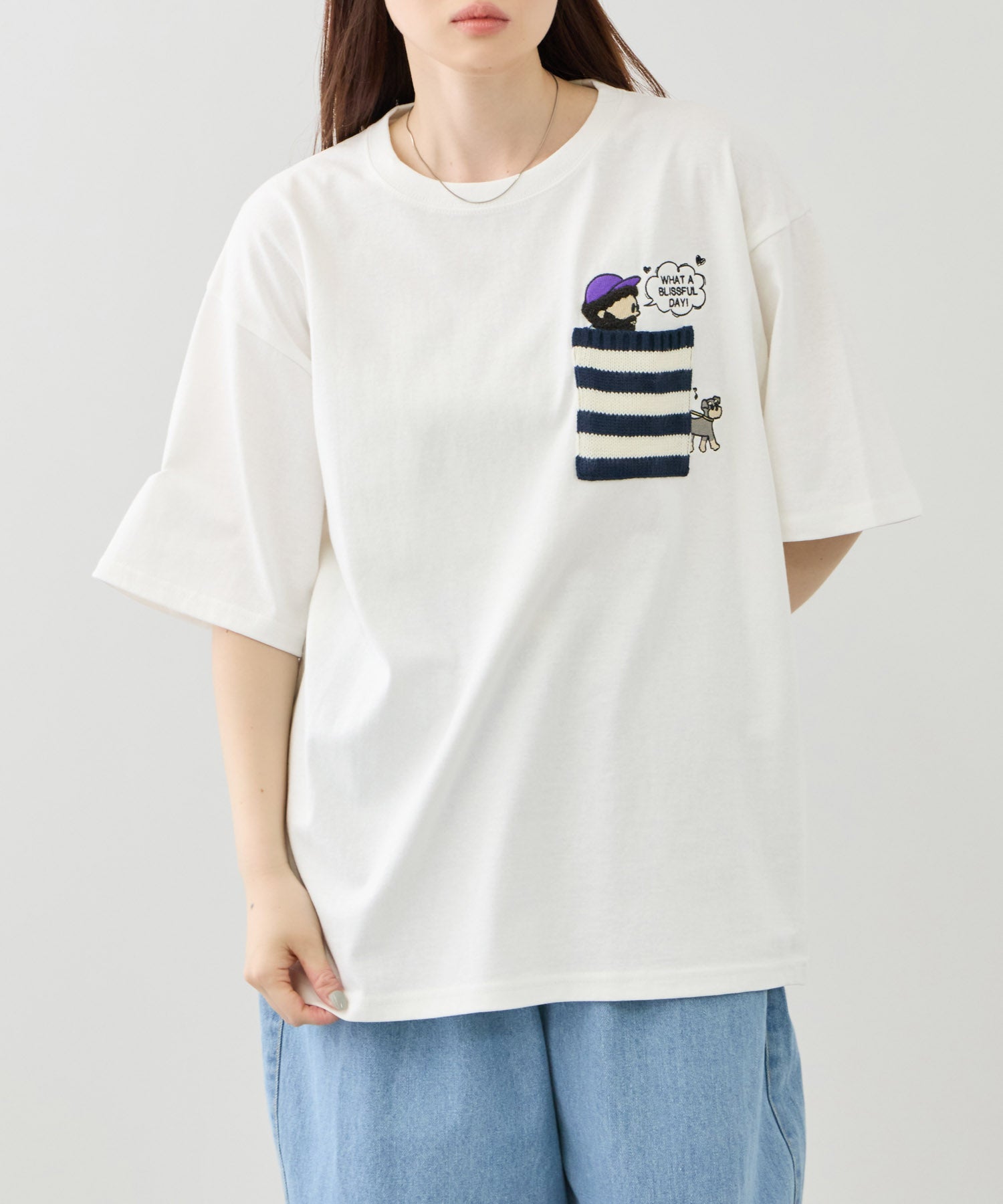 OZZY 刺繍 ニットボーダーポケット クルーネック 半袖Tシャツ メンズ