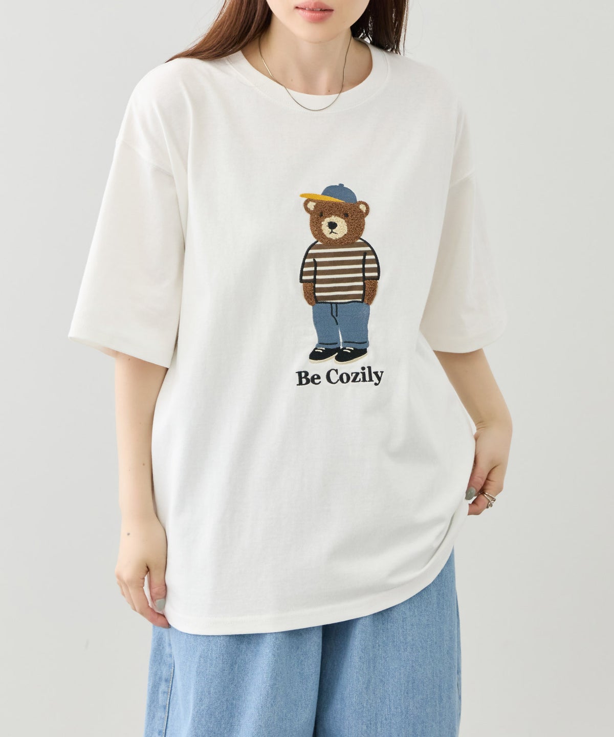 クマモチーフ サガラ刺繍＆アップリケ クルーネック 半袖Tシャツ メンズ メール便 対応商品