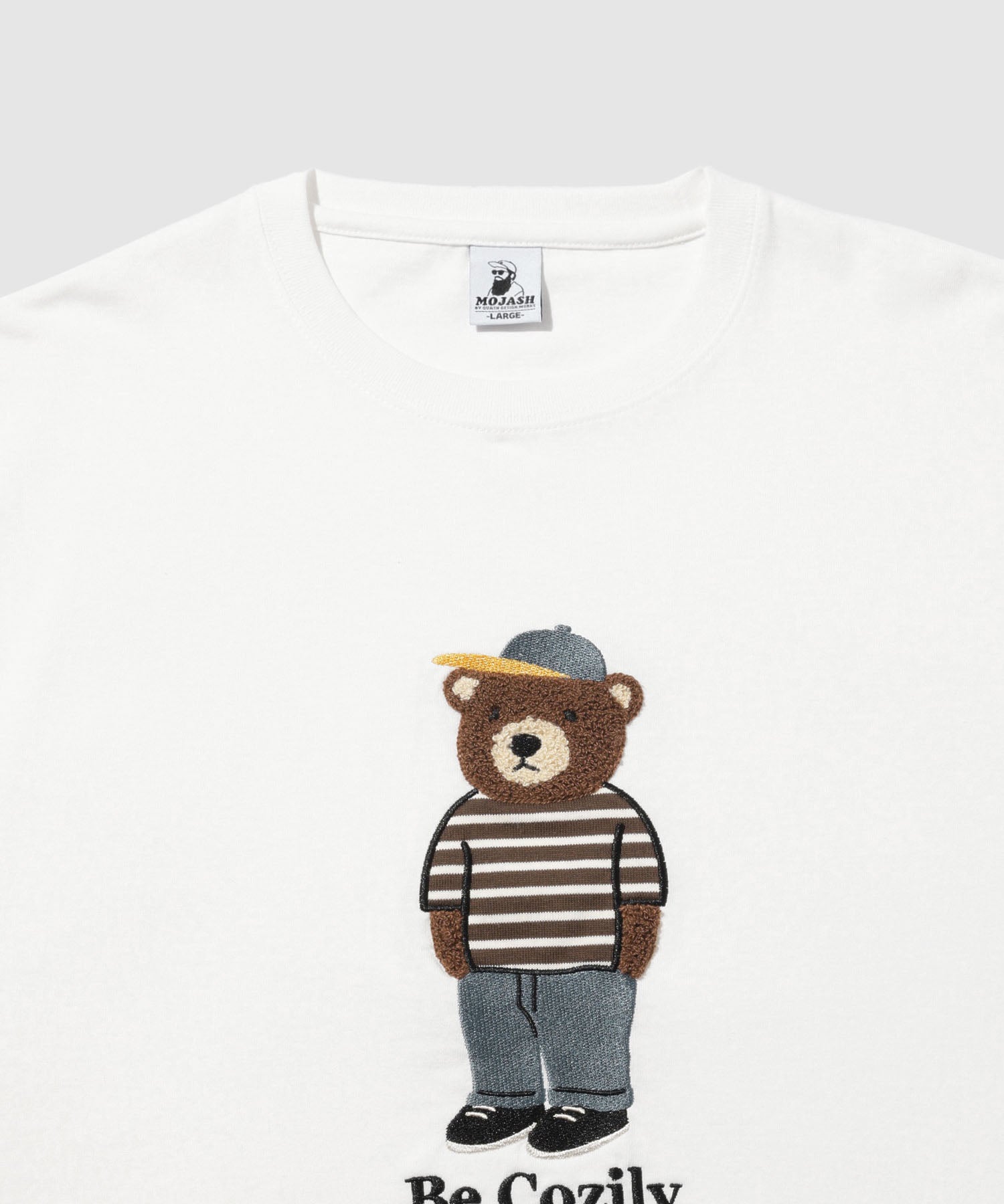 クマモチーフ サガラ刺繍＆アップリケ クルーネック 半袖Tシャツ メンズ