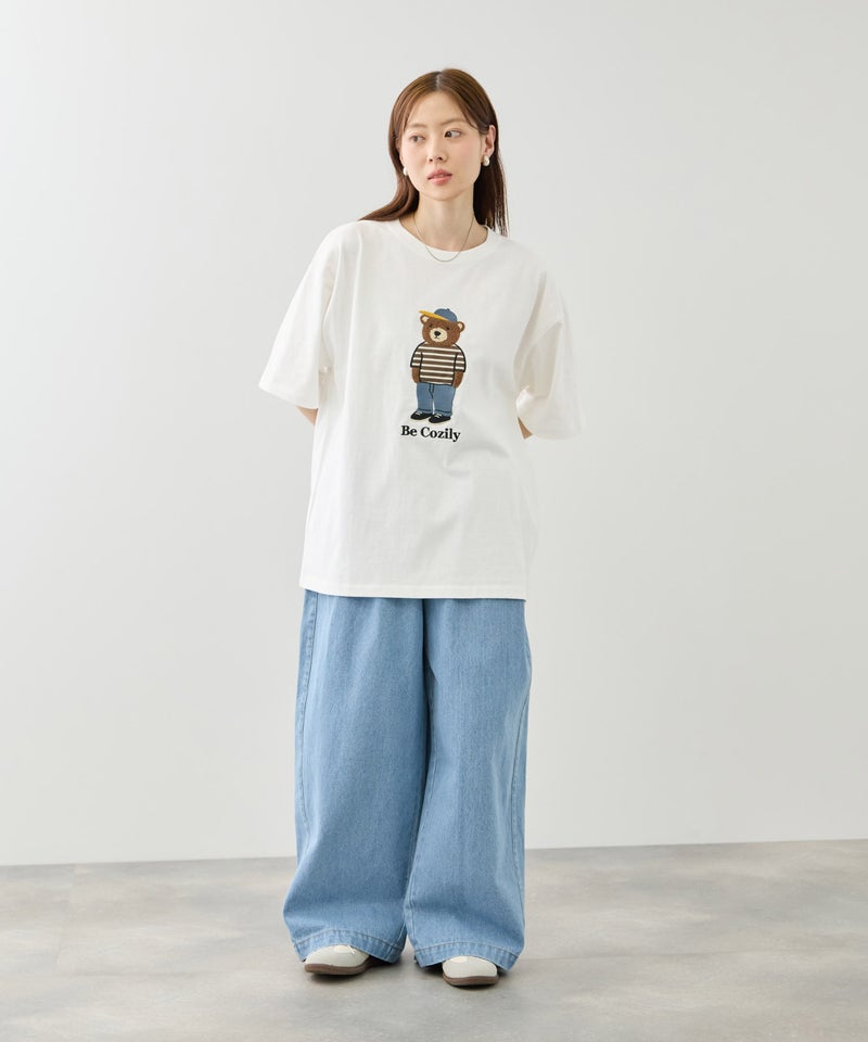 クマモチーフ サガラ刺繍&アップリケ クルーネック 半袖Tシャツ メンズ メール便 対応商品商品画像-4