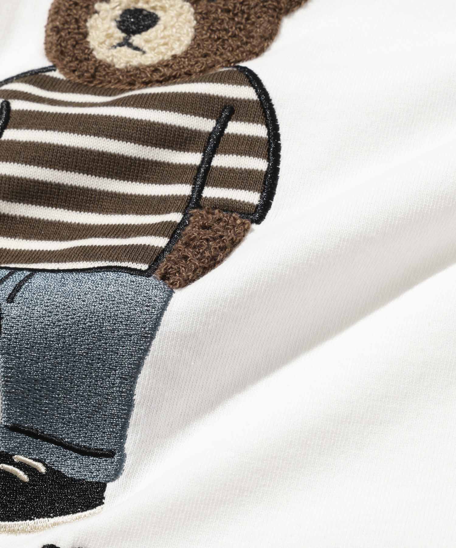 クマモチーフ サガラ刺繍＆アップリケ クルーネック 半袖Tシャツ メンズ