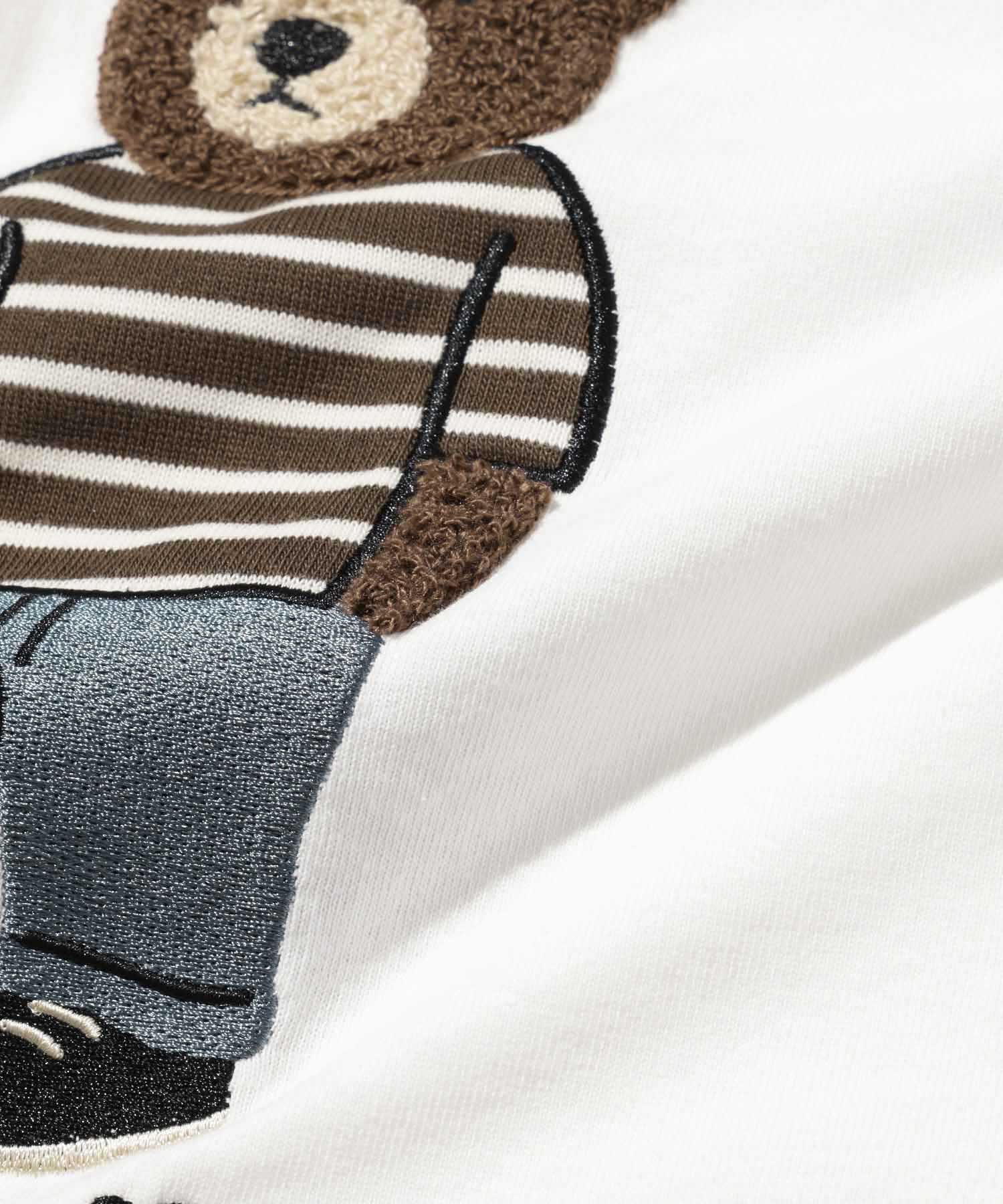 クマモチーフ サガラ刺繍＆アップリケ クルーネック 半袖Tシャツ メンズ