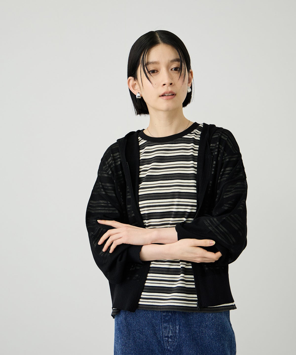 Idnes ウォッシャブルシアーハイゲージニットパーカー レディース