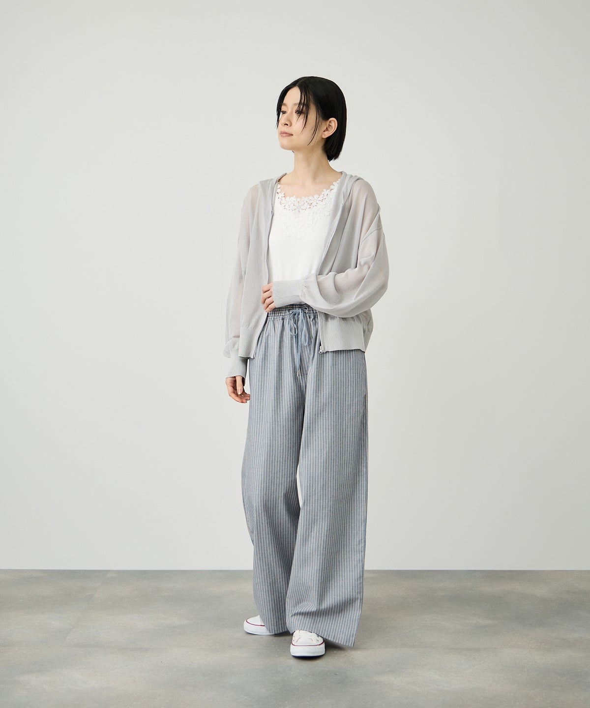 Idnes ウォッシャブルシアーハイゲージニットパーカー レディース