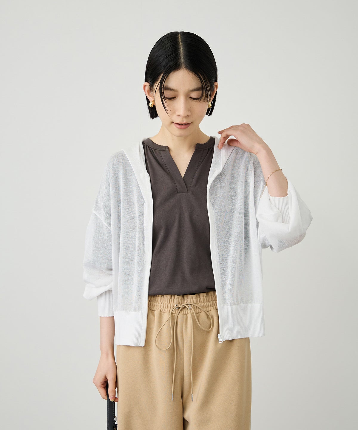 Idnes ウォッシャブルシアーハイゲージニットパーカー レディース