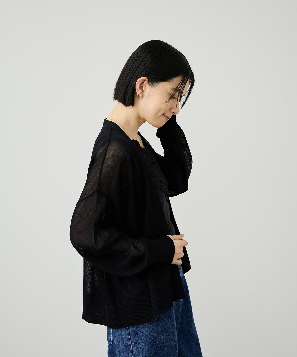 Idnes ウォッシャブルシアーハイゲージニットカーディガン レディース