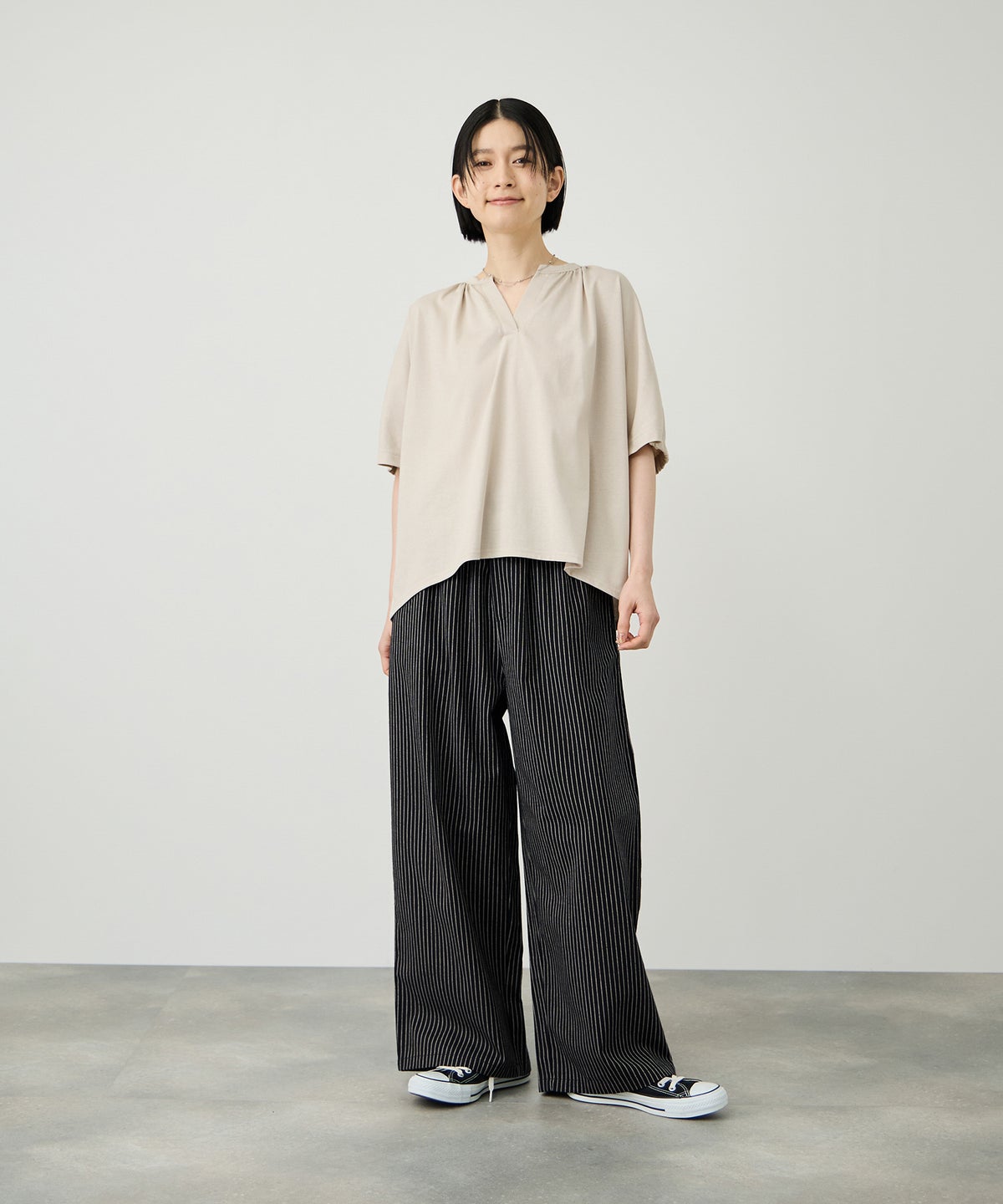 Idnes ヒッコリーワイドパンツ レディース