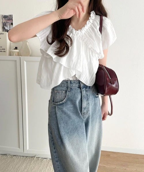 Classical Elf 大人ガーリーに見せる。2wayオフショルフリルデザインシアーブラウス商品画像-12